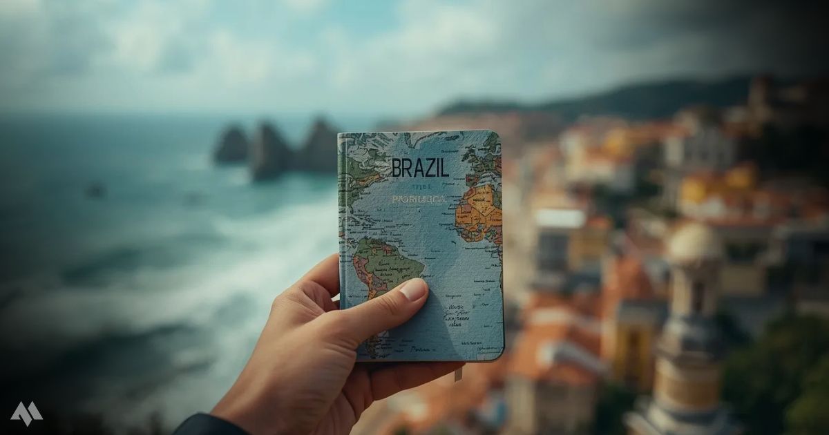 Traveller holding a travel notebook overlooking a coastal destination
