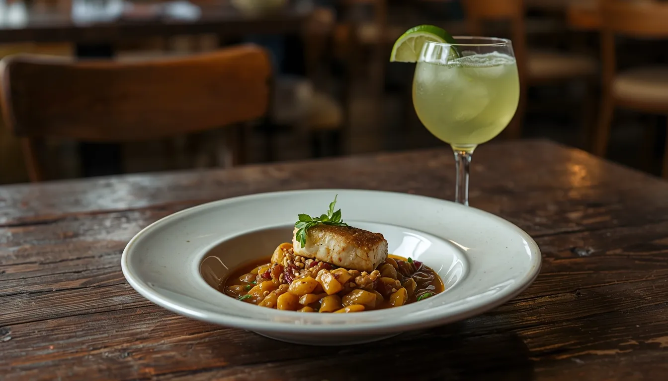 Beautifully presented meal and refreshing drink at a restaurant