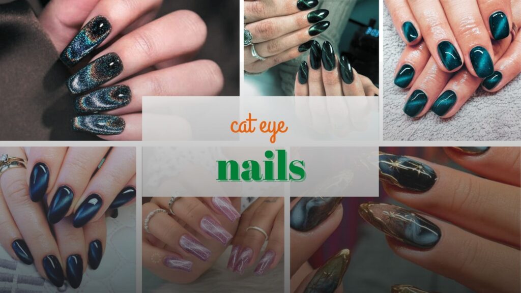 Cat Eye Nails: Everything You Need to Know in 2026 2 cat eye nails design ideas including navy, green, and pink glitter styles