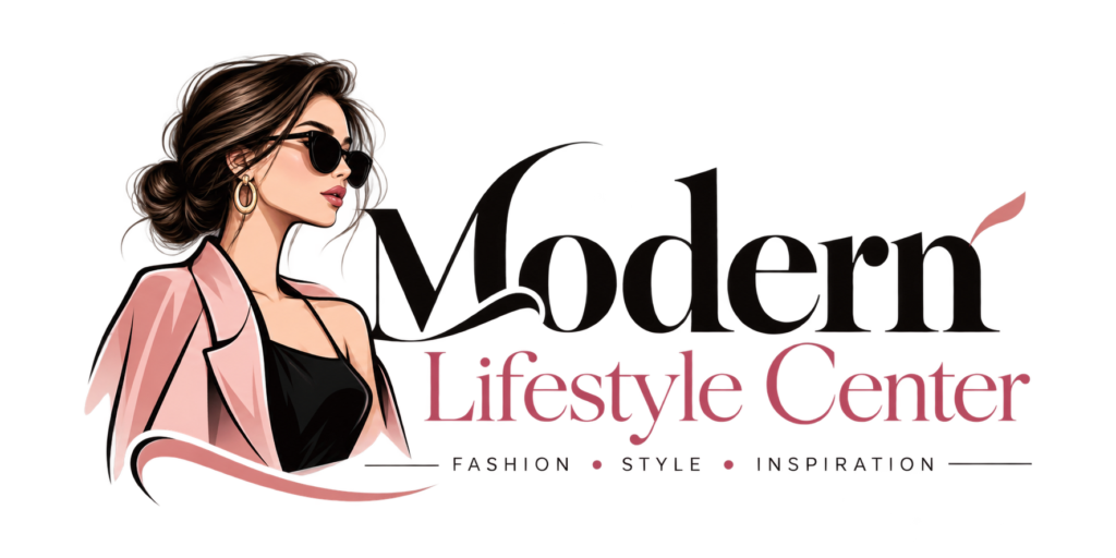 Modern Lifestyle Center logo featuring an illustrated fashionable woman in a pink blazer and sunglasses beside an elegant brand name.