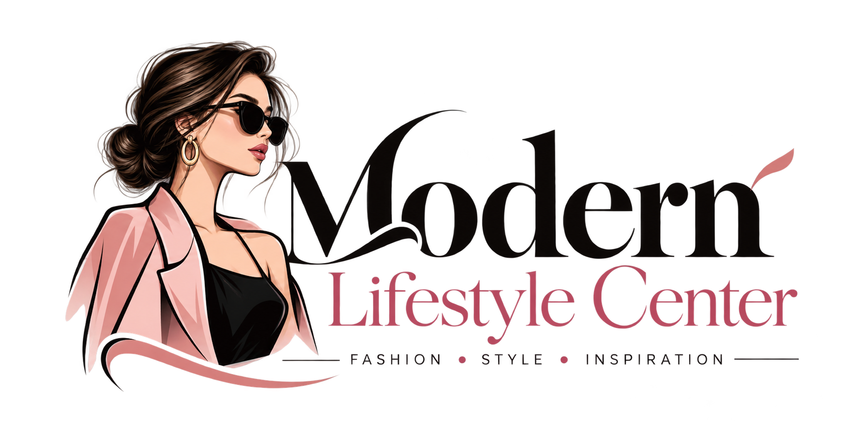 Modern Lifestyle Center logo featuring an illustrated fashionable woman in a pink blazer and sunglasses beside an elegant brand name.