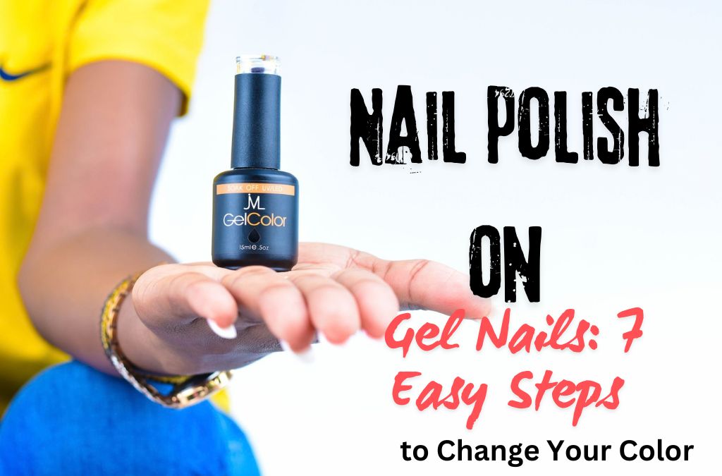 Nail polish on gel nails showing a blue nail polish bottle and manicure guide.