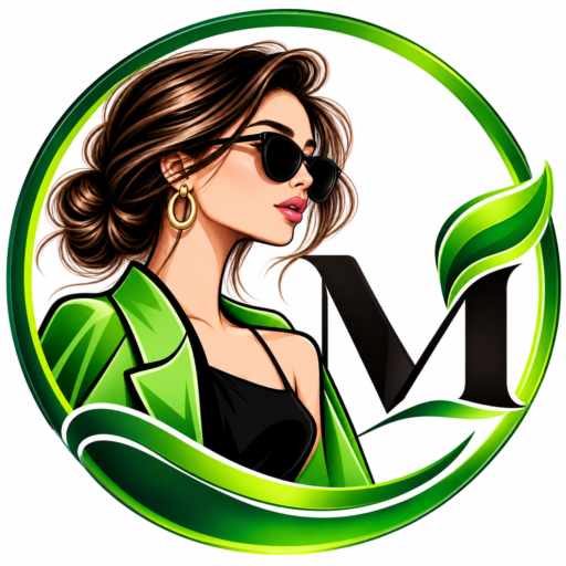 Modern Lifestyle Center favicon featuring a fashionable woman in a green blazer beside a black letter M with a green leaf design.