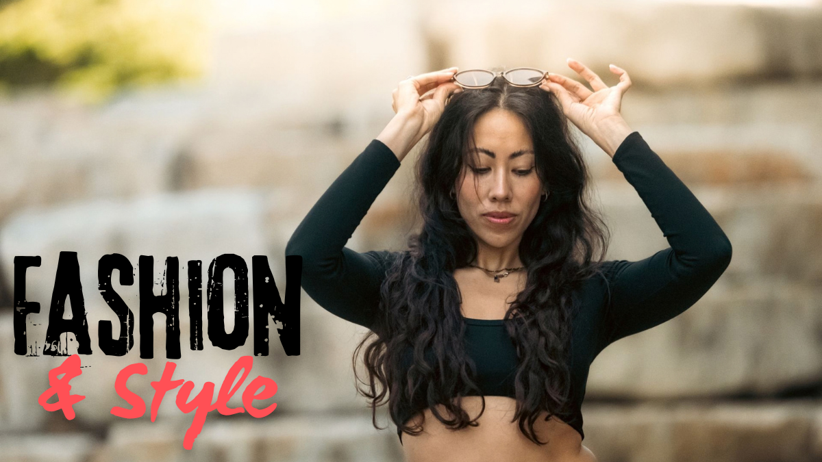 Modern Lifestyle Center fashion and style banner featuring a woman in a stylish black outfit adjusting her sunglasses.